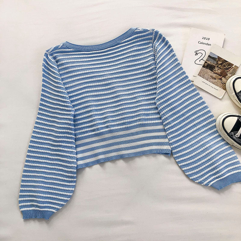 Kleiner Strickpullover mit frischen Streifen Lantern Sleeve Short Top 6543