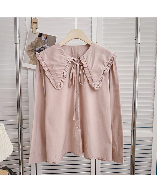 Chemise unie à manches longues avec col bébé et haut en dentelle 6432