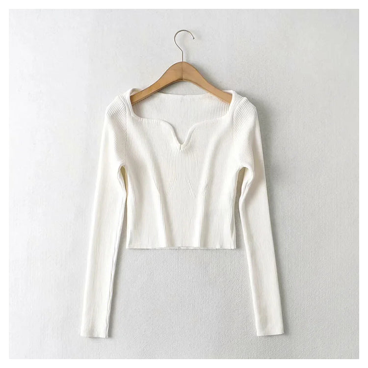 Versatile drip collar slim long sleeve short knit bottomed shirt   7314