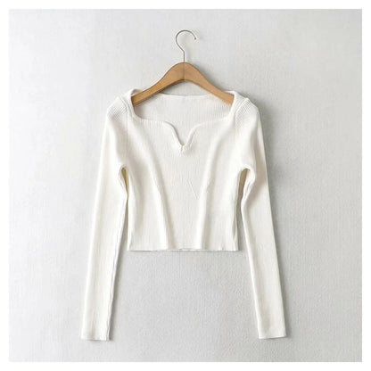 Versatile drip collar slim long sleeve short knit bottomed shirt   7314