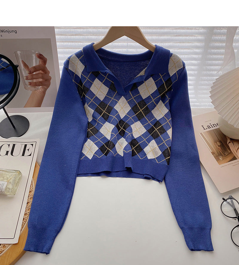 Karierter Langarm-Pullover klein kurz Pullover Top 6653 