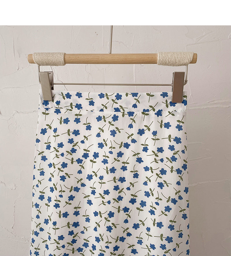 Sweet broken flowers show thin high waist A-shaped medium length skirt  5823