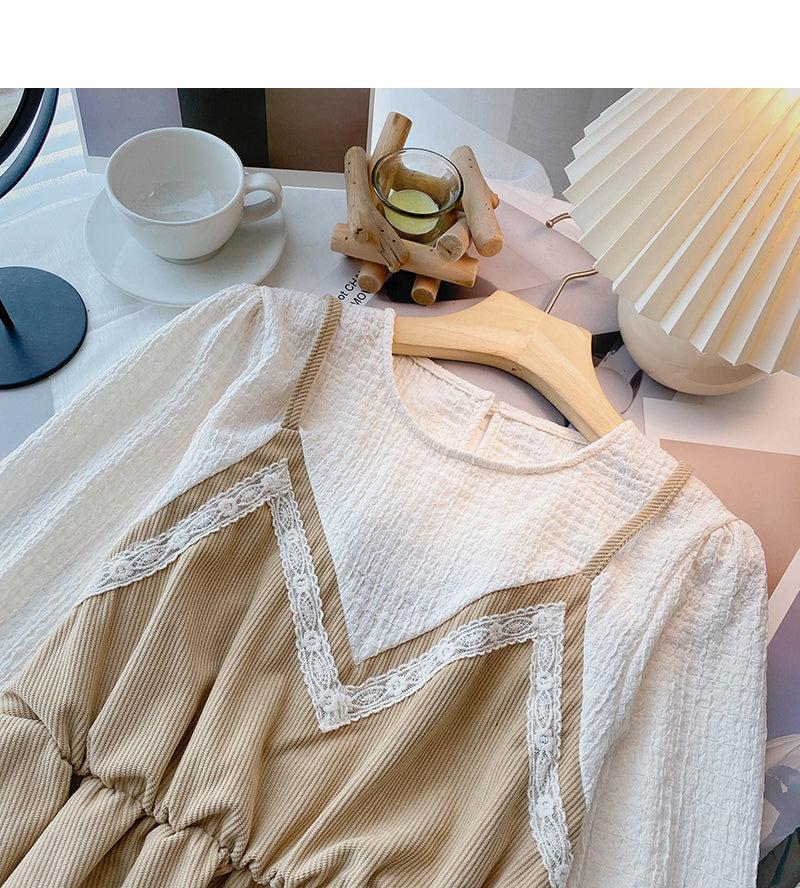 Vintage shirt with thin waist stitching fake two tops  6387