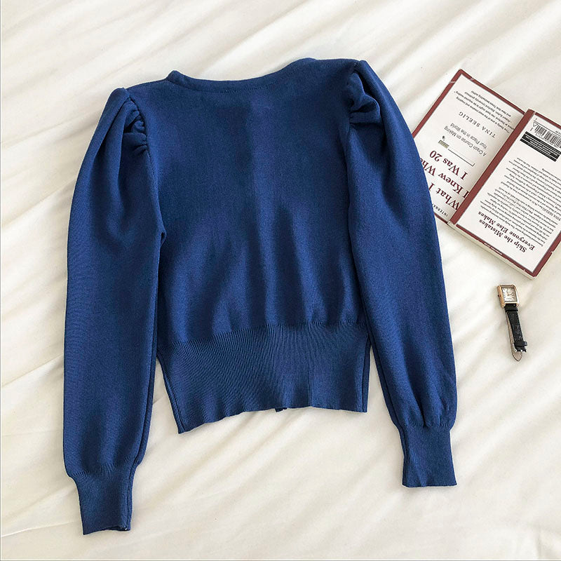 Einreihige Strickjacke mit Blasenärmeln Damenmode 6498