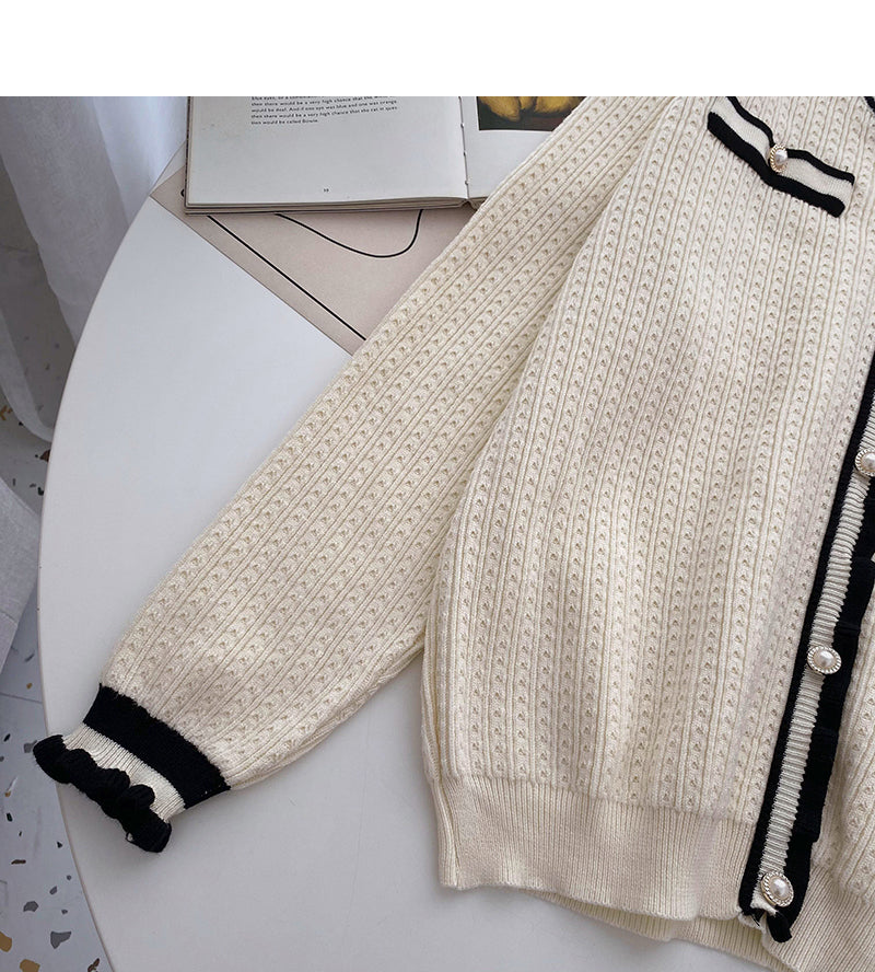 Xiaoxiangfeng color matching round neck sweater cardigan female  6011