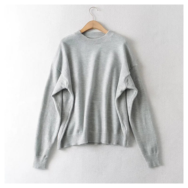 Lazy style sweater loose round neck simple long sleeve sweater  7439