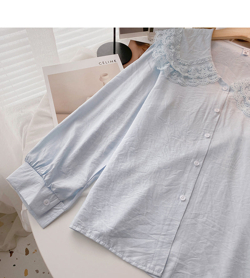 Baby collar lace edge solid color shirt slim long sleeve top  6385