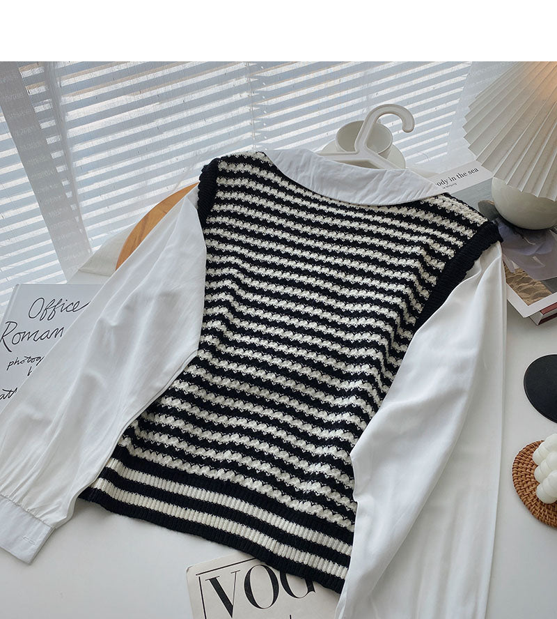 A trendy long sleeved shirt with small foreign style knitted stripe stitching  6331