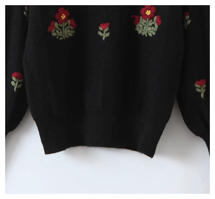 Lazy wind retro Flower Embroidered round neck Pullover Sweater  7328
