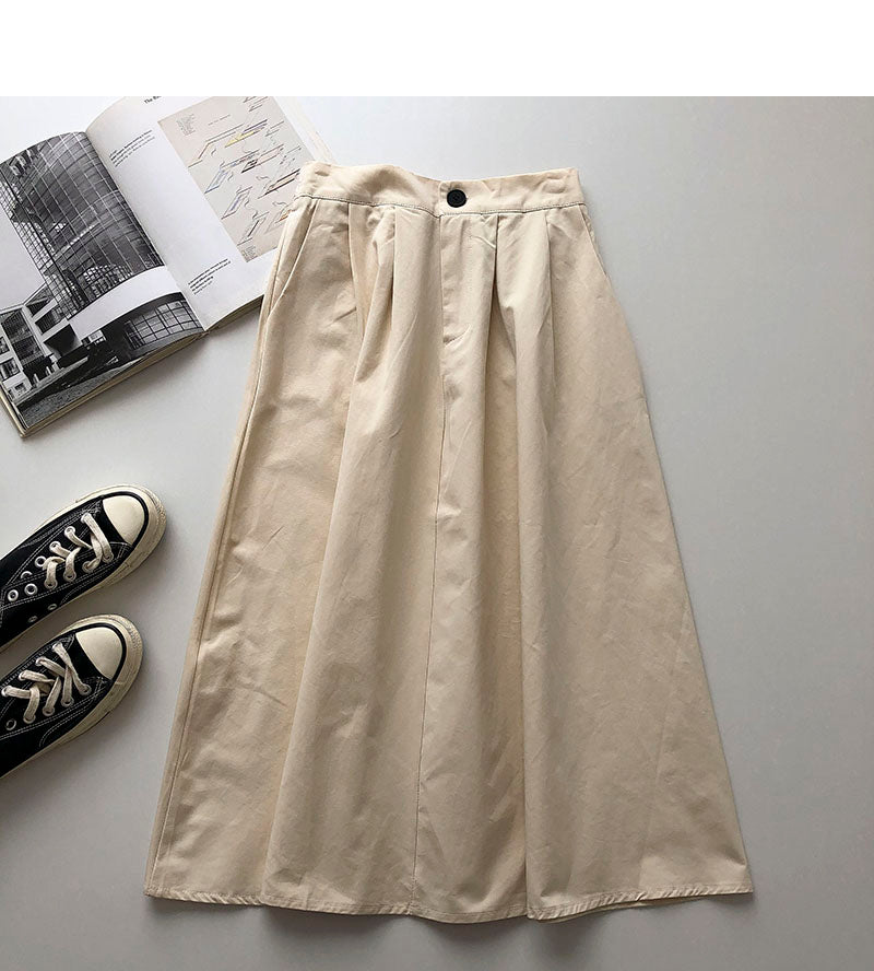 Solid Hong Kong style leisure high waist A-shaped medium and long skirt  5693