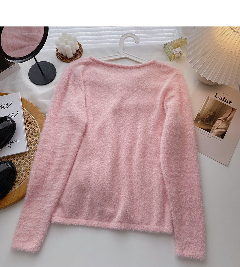 Imitation mink sweater niche V-neck drawstring slim top  6657