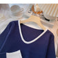Versatile design contrast V-Neck long sleeve top  6694