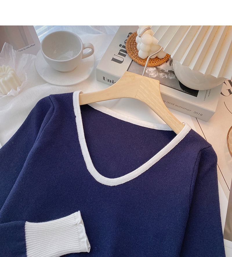 Versatile design contrast V-Neck long sleeve top  6694