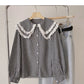 Chemise à col bébé en dentelle version coréenne haut simple boutonnage mince et de style étranger 6435