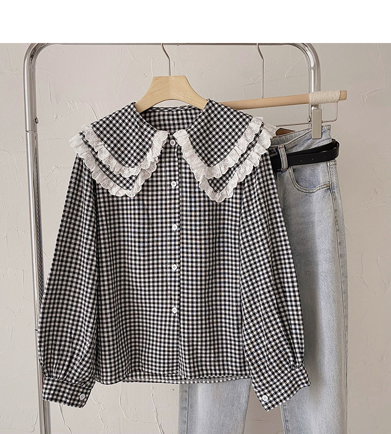 Chemise à col bébé en dentelle version coréenne haut simple boutonnage mince et de style étranger 6435