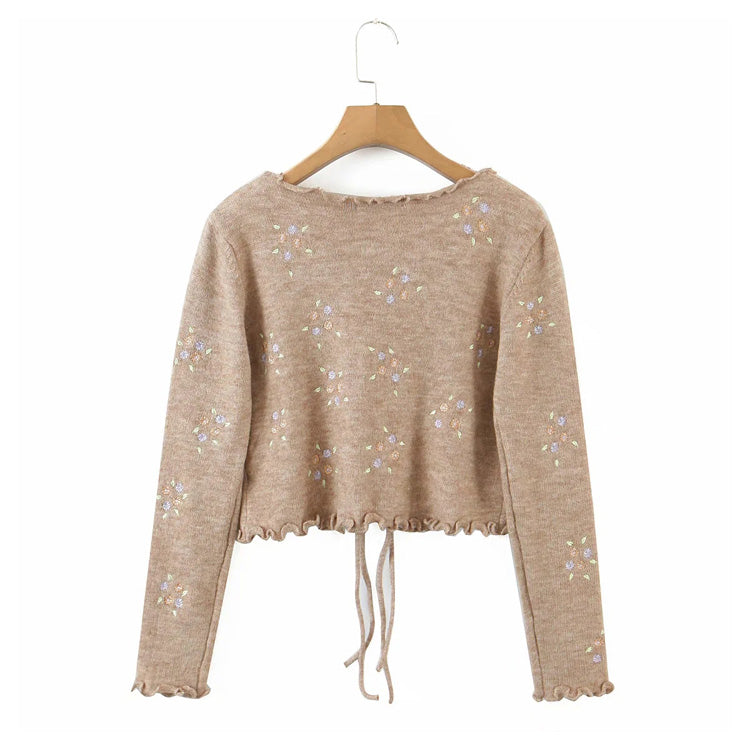 French retro fungus edge embroidered floret lace up slim knit cardigan top  7258