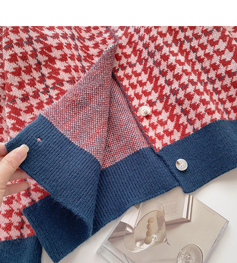 Manteau à manches longues à carreaux mille oiseaux de couleur contrastée 6072