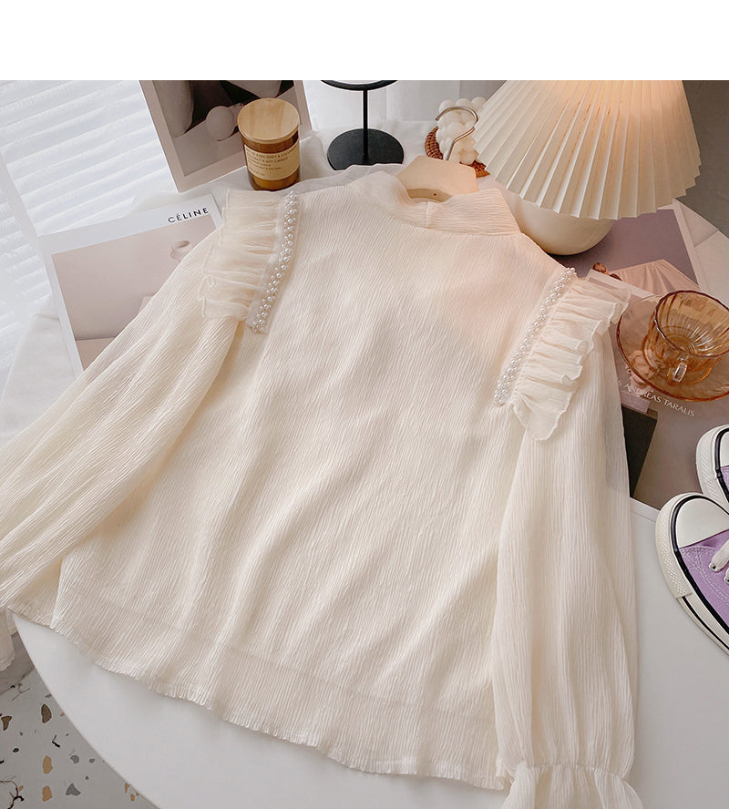 New Korean version nail bead Ruffle slim long sleeve top  6428