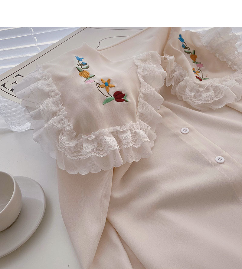 Korean girls' sense of foreign style lace doll neck top  6265