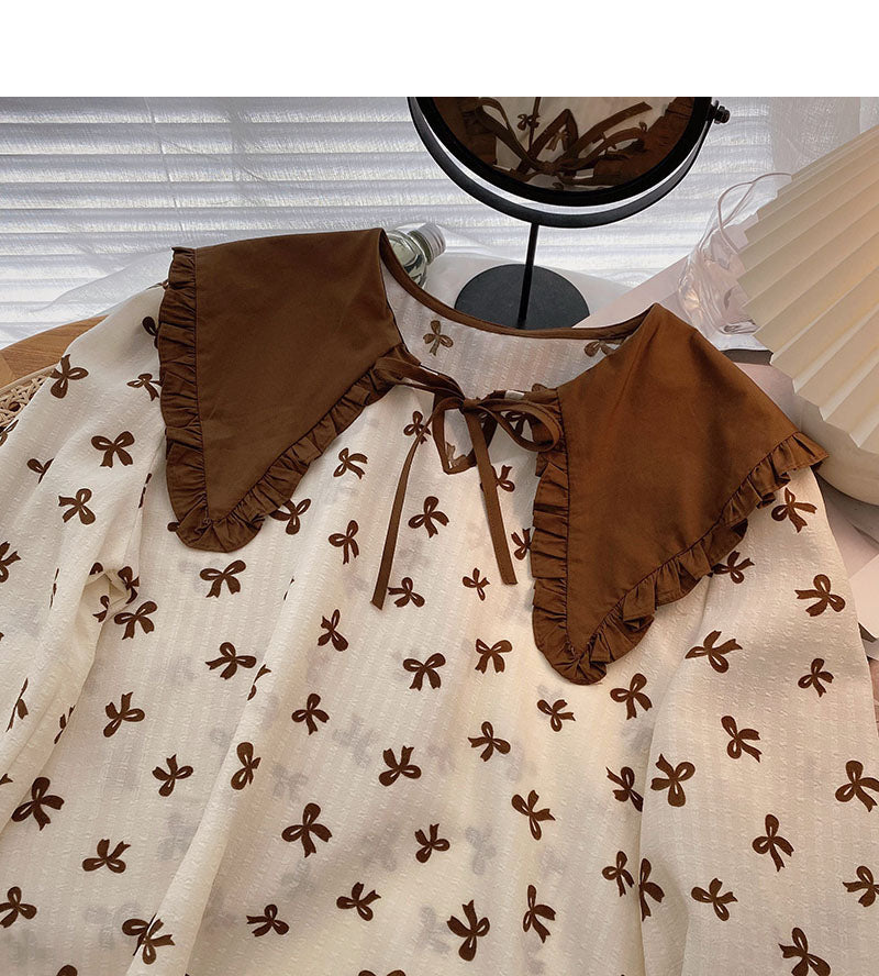 Korean minority design bow Print Long Sleeve Top  6311