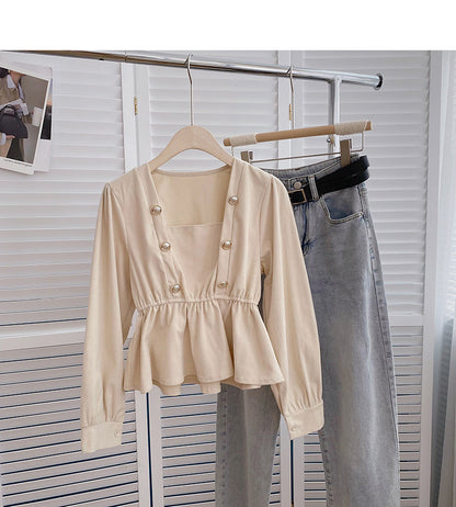 Niche design double breasted Square Neck Shirt  6360