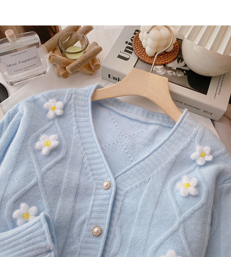 Floret three-dimensional design V-neck knitted cardigan  6475