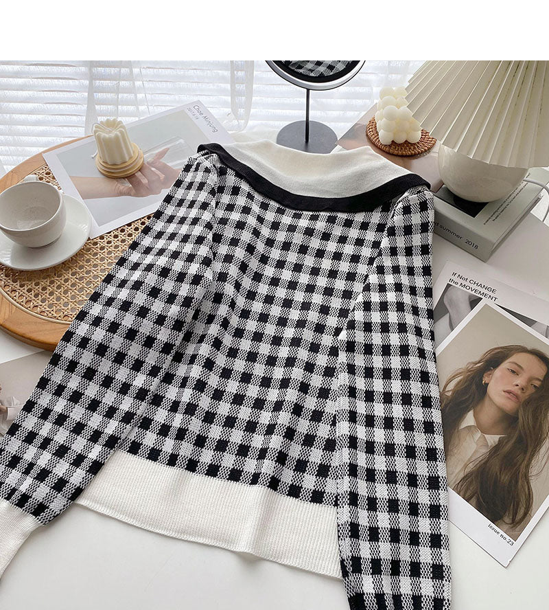 Alternder süßer kontrastkarierter Puppenkragen-Pullover Top 6678
