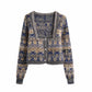 Sweater coat women's cardigan square neck Vintage contrast jacquard long sleeve knitting  7159