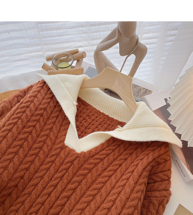 Loose and lazy wind twist sweater color contrast Lapel top  6095