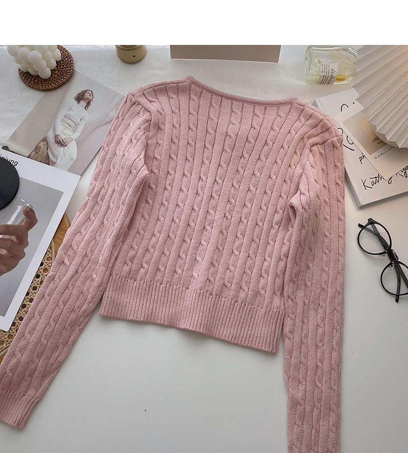 Knitted cardigan coat French retro short twist long sleeve top  6644