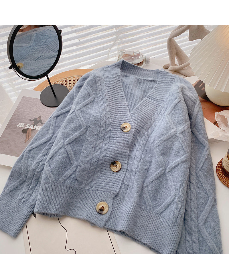 Single breasted Vintage loose V-Neck Sweater Coat  6171