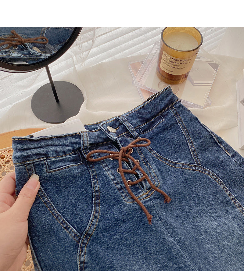 Jupe en jean taille haute à bandage coréen pour fille sexy 5665