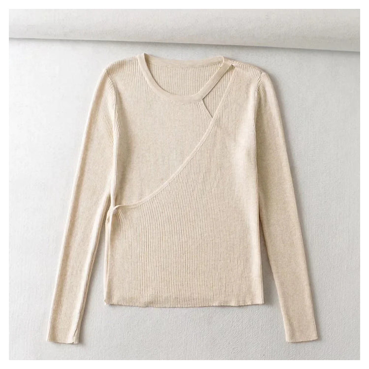 Design sense irregular round neck slim fit pure color versatile knitted cardigan  7367