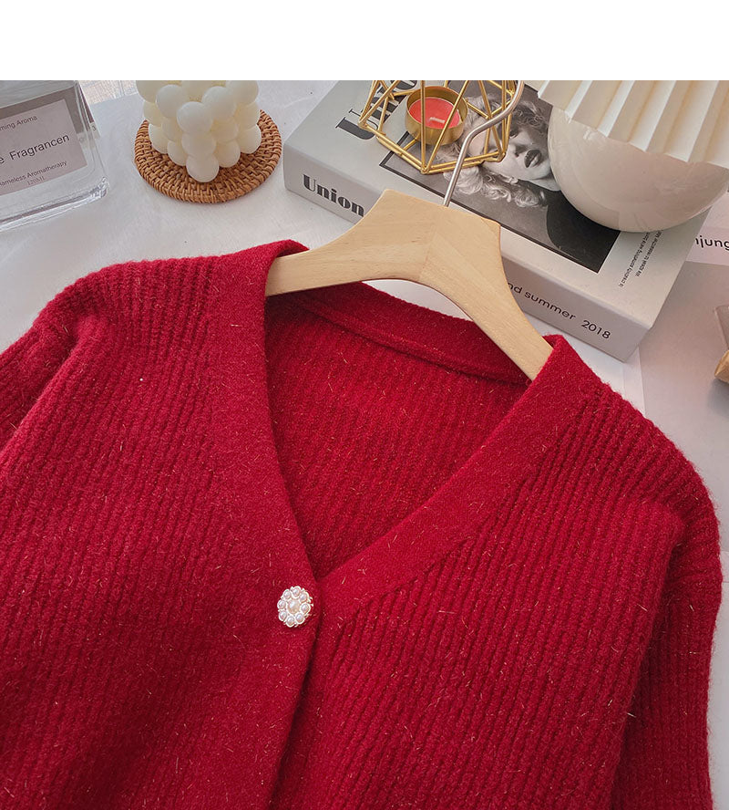 Vintage bright silk V-Neck Sweater Coat  6081