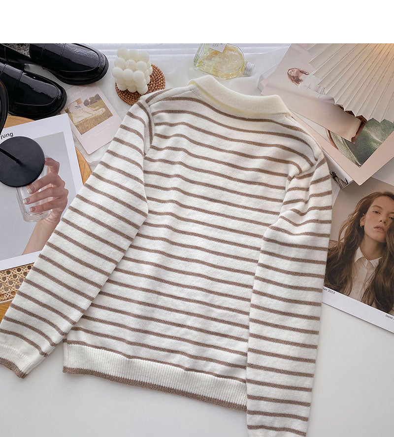 Striped knitted Pullover Sweater lazy temperament thin top  6571