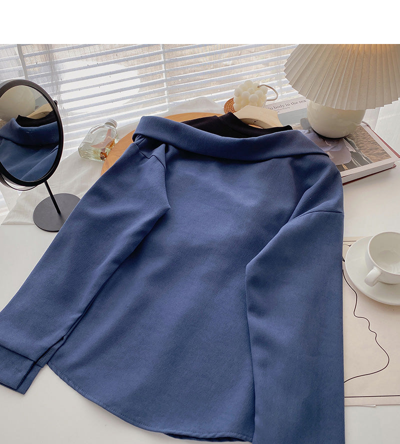 Design off shoulder stitching long sleeve Pullover Crew Neck Shirt  6334