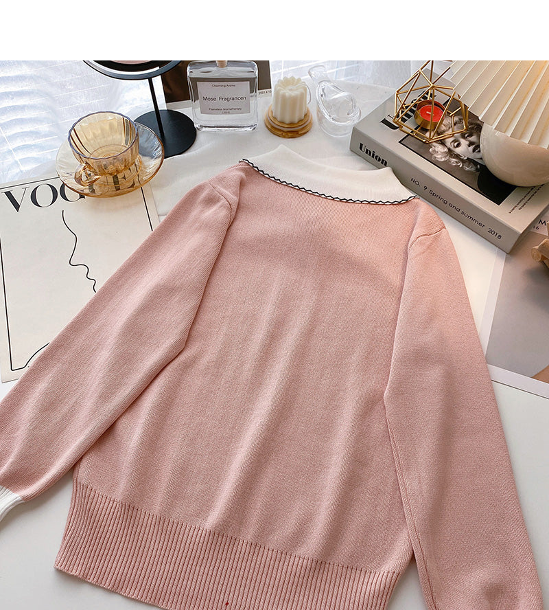 Long sleeve T-shirt design sense nail bead contrast bow top  6497