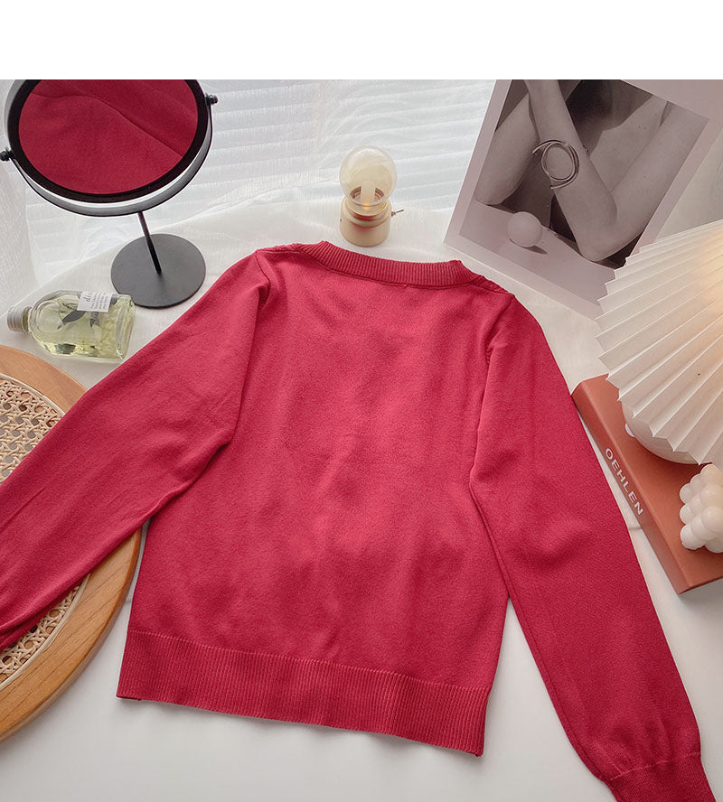 Cardigan tricoté vintage à col en T et nœud 6494