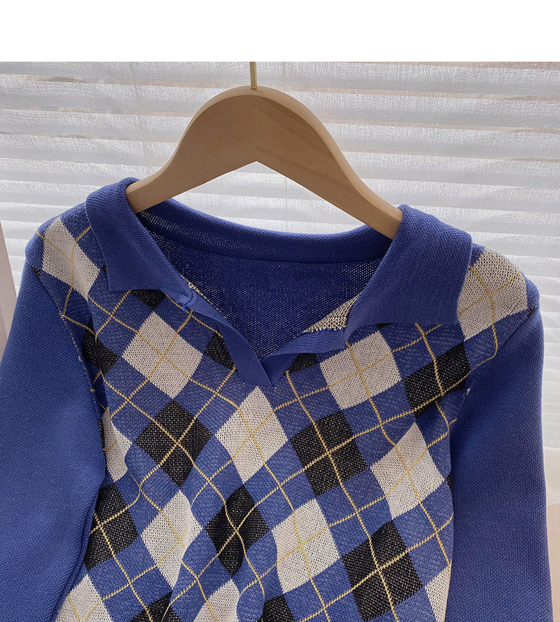Plaid long sleeve sweater small short Pullover Top  6573