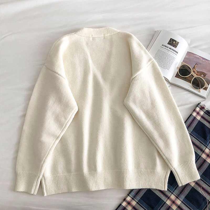 Letter loose long sleeve V-neck double pocket T-shirt  5838