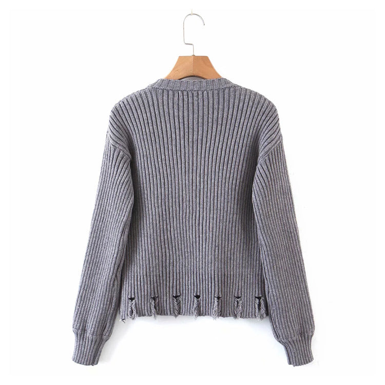 Gestrickter Cardigan mit unregelmäßigen Knöpfen und Rundhalsausschnitt und langen Ärmeln 7358