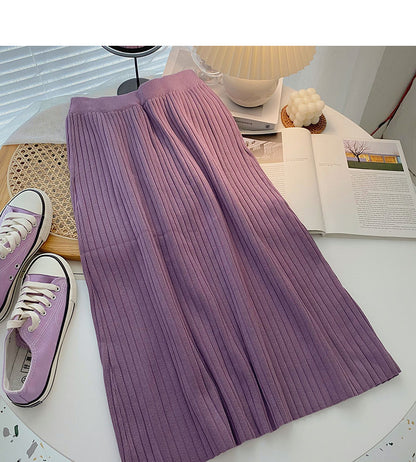 Simple solid color high waist knitted thread A-line skirt  5750