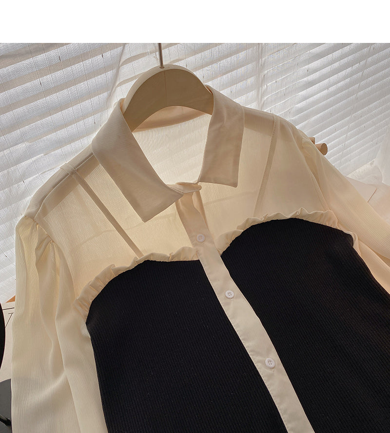 Fungus edge contrast long sleeve splicing shirt  6388