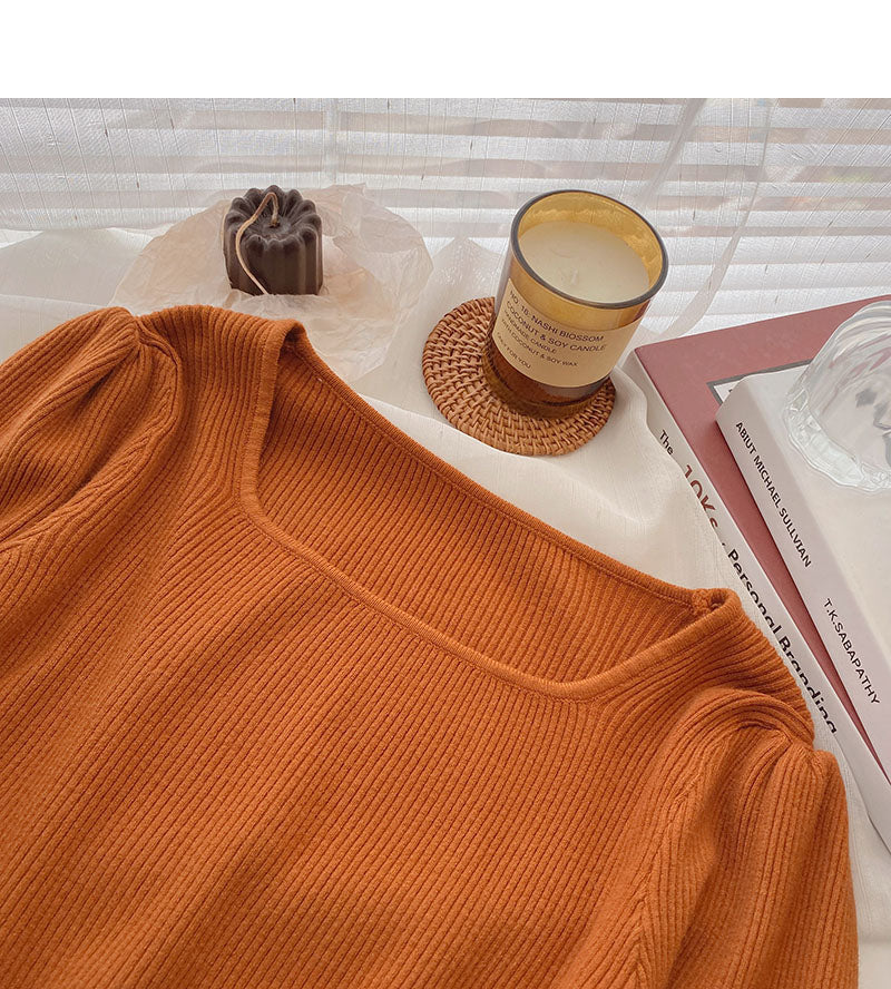Small man's sweater solid color square neck long sleeve short top  6589