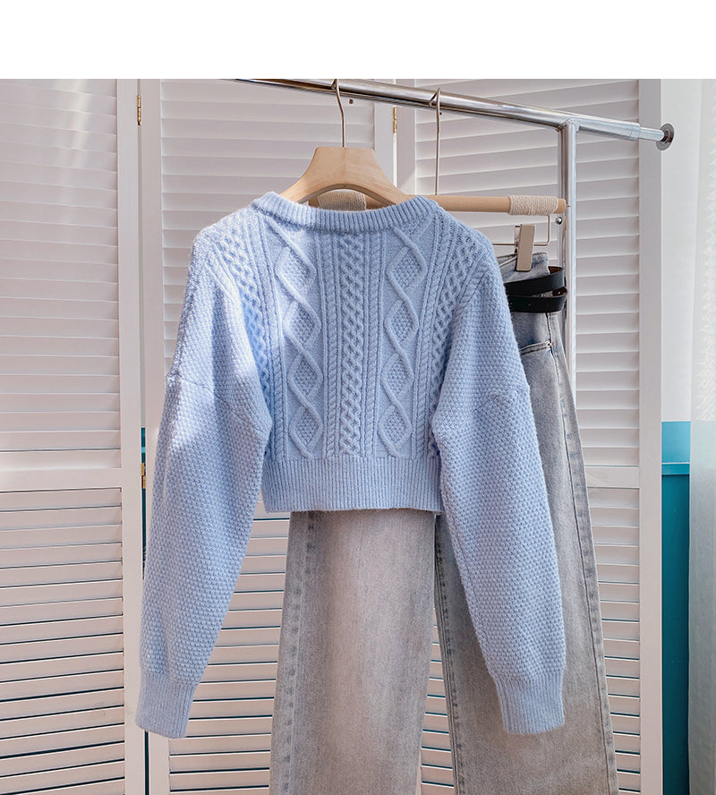 High waist short twist sweater single breasted cardigan top  6139