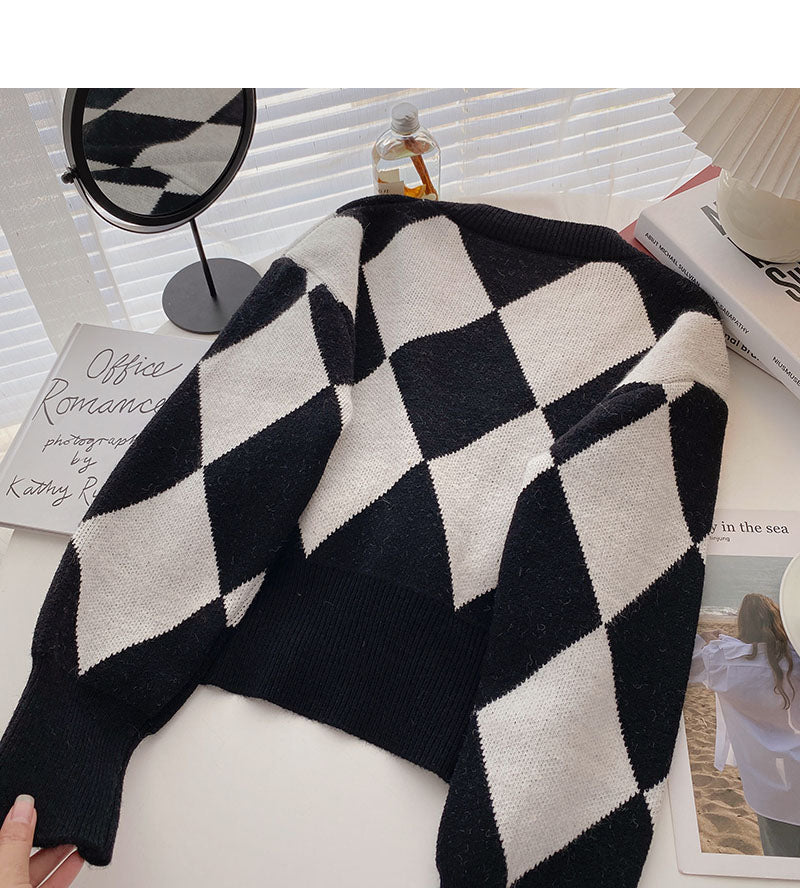 Fashion retro color blocking Plaid long sleeve loose cardigan  6007