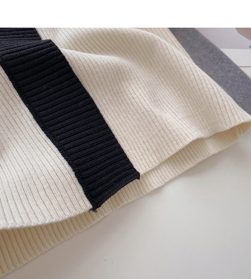 French square neck contrast thin long sleeve sweater  6492