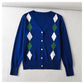 V-neck rhombic jacquard loose thin knit cardigan top  7443