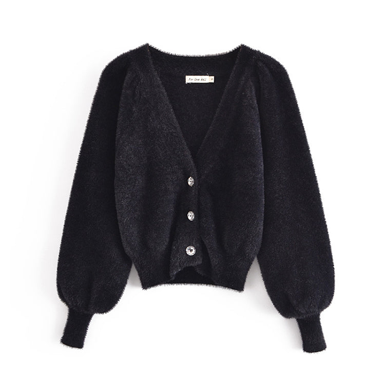 V-neck three button Lantern Sleeve Top Coat women's knitted cardigan  7237