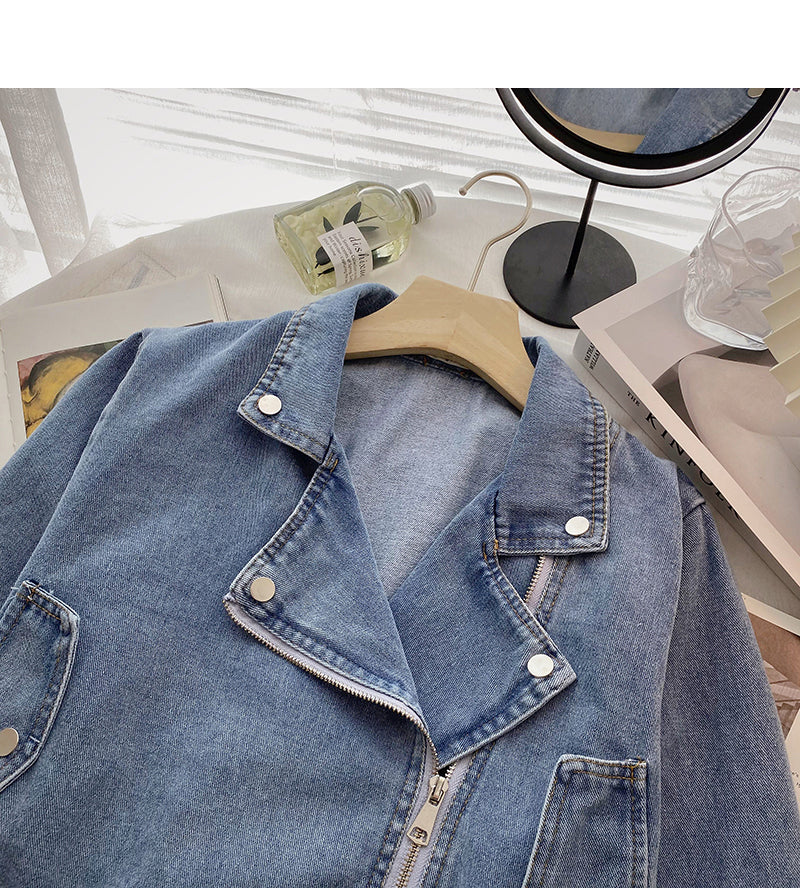 Denim jacket casual zipper design long sleeve top  6216